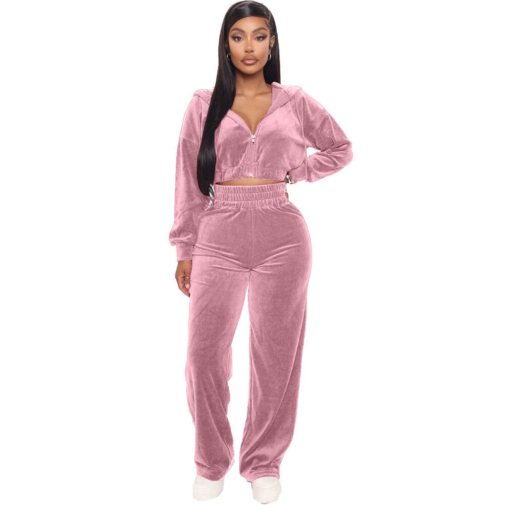 Solid Velvet Two Piece Sets Women Hoodie Crop Jacket 2 Piece Joggers Pants Outfits Velour Jogging Suits Trousers Juicy Tracksuit