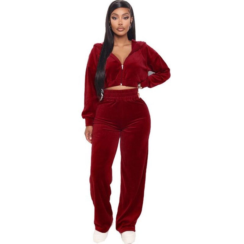 Solid Velvet Two Piece Sets Women Hoodie Crop Jacket 2 Piece Joggers Pants Outfits Velour Jogging Suits Trousers Juicy Tracksuit