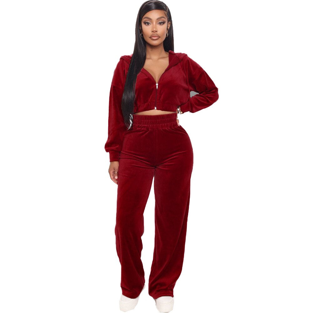 Solid Velvet Two Piece Sets Women Hoodie Crop Jacket 2 Piece Joggers Pants Outfits Velour Jogging Suits Trousers Juicy Tracksuit