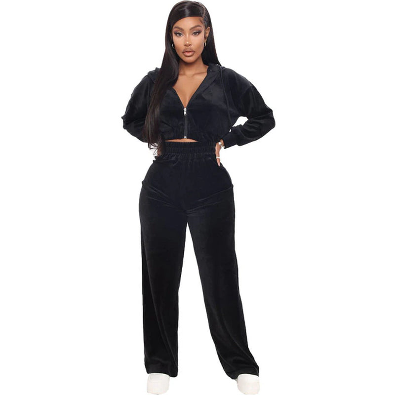 Solid Velvet Two Piece Sets Women Hoodie Crop Jacket 2 Piece Joggers Pants Outfits Velour Jogging Suits Trousers Juicy Tracksuit