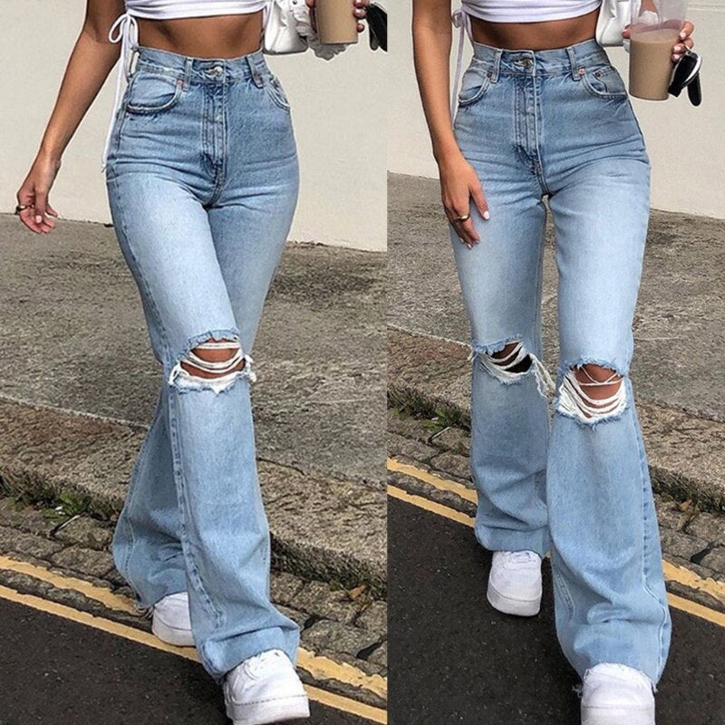 Women Vintage Ripped Flare Bell Bottom Jeans High Waisted Wide Leg Raw Hem Denim Pants Casual Slim Fitting Trousers with Pocket