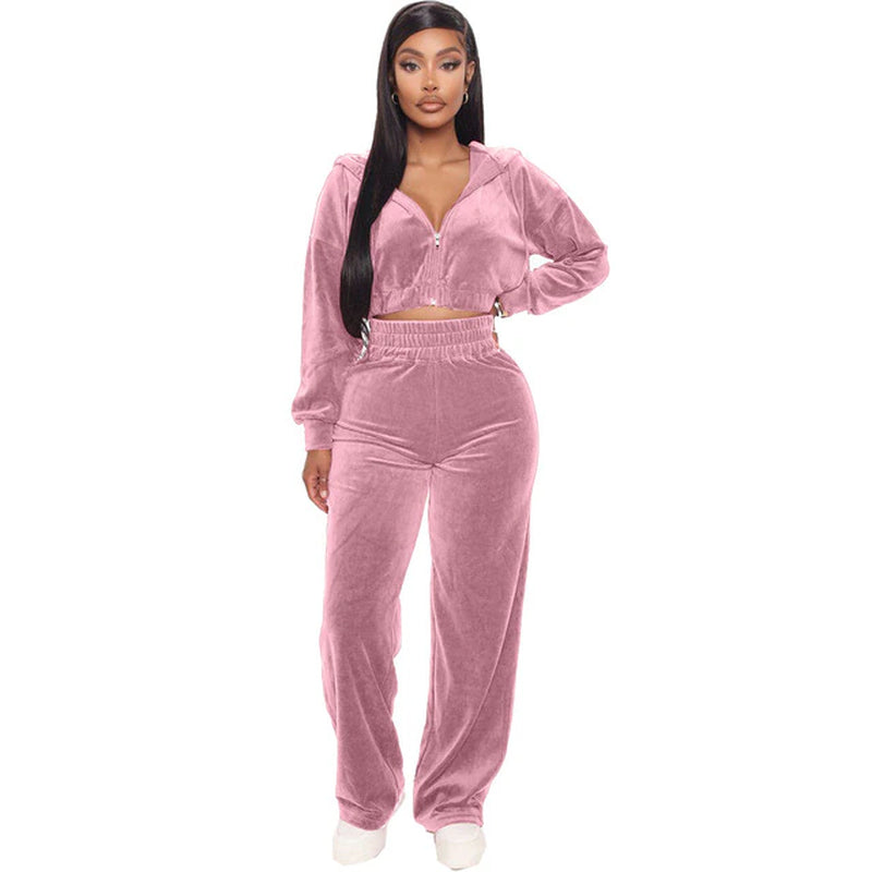 Solid Velvet Two Piece Sets Women Hoodie Crop Jacket 2 Piece Joggers Pants Outfits Velour Jogging Suits Trousers Juicy Tracksuit