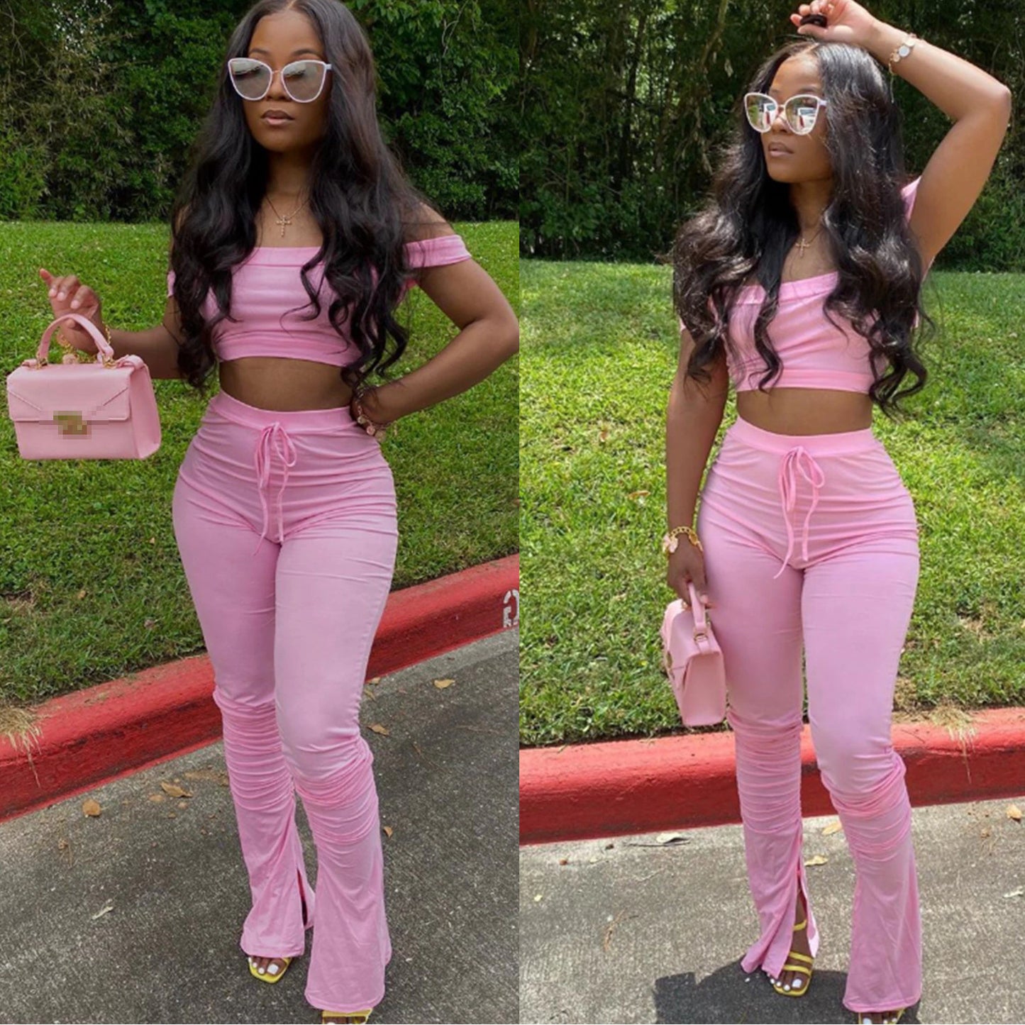 Two Piece Set for Women Two Piece Outfits Stacked Pants 2 Pieces Sets Women Crop Top Pants Stacked Leggings Outfits for Female