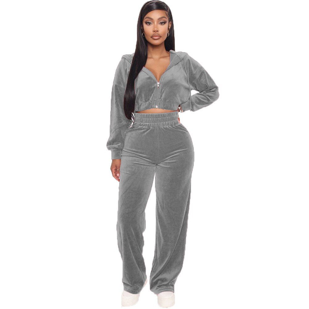 Solid Velvet Two Piece Sets Women Hoodie Crop Jacket 2 Piece Joggers Pants Outfits Velour Jogging Suits Trousers Juicy Tracksuit